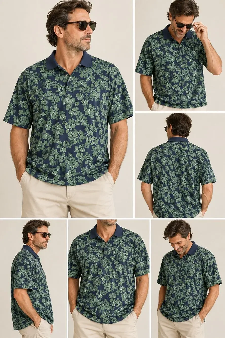 Vintage Old School Mens XL Silk Cotton Tropical Floral Polo Shirt Hawaiian 90s